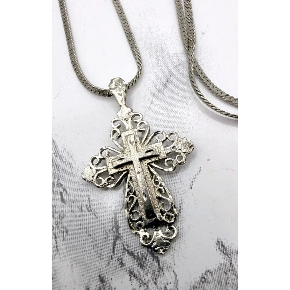 Silver Tone Filigree Cross Necklace 23